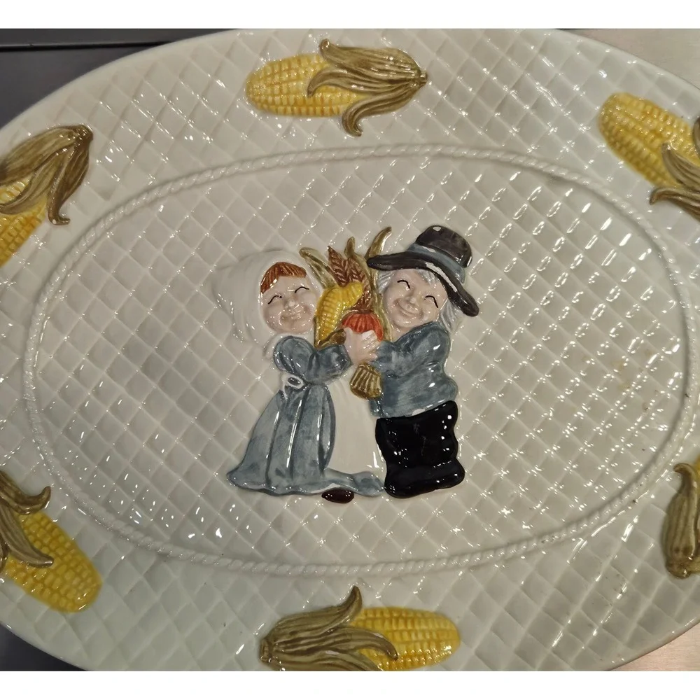 Vintage Thanksgiving Ceramic Serving Platter Pilgrim Harvest Corn Oval Platter